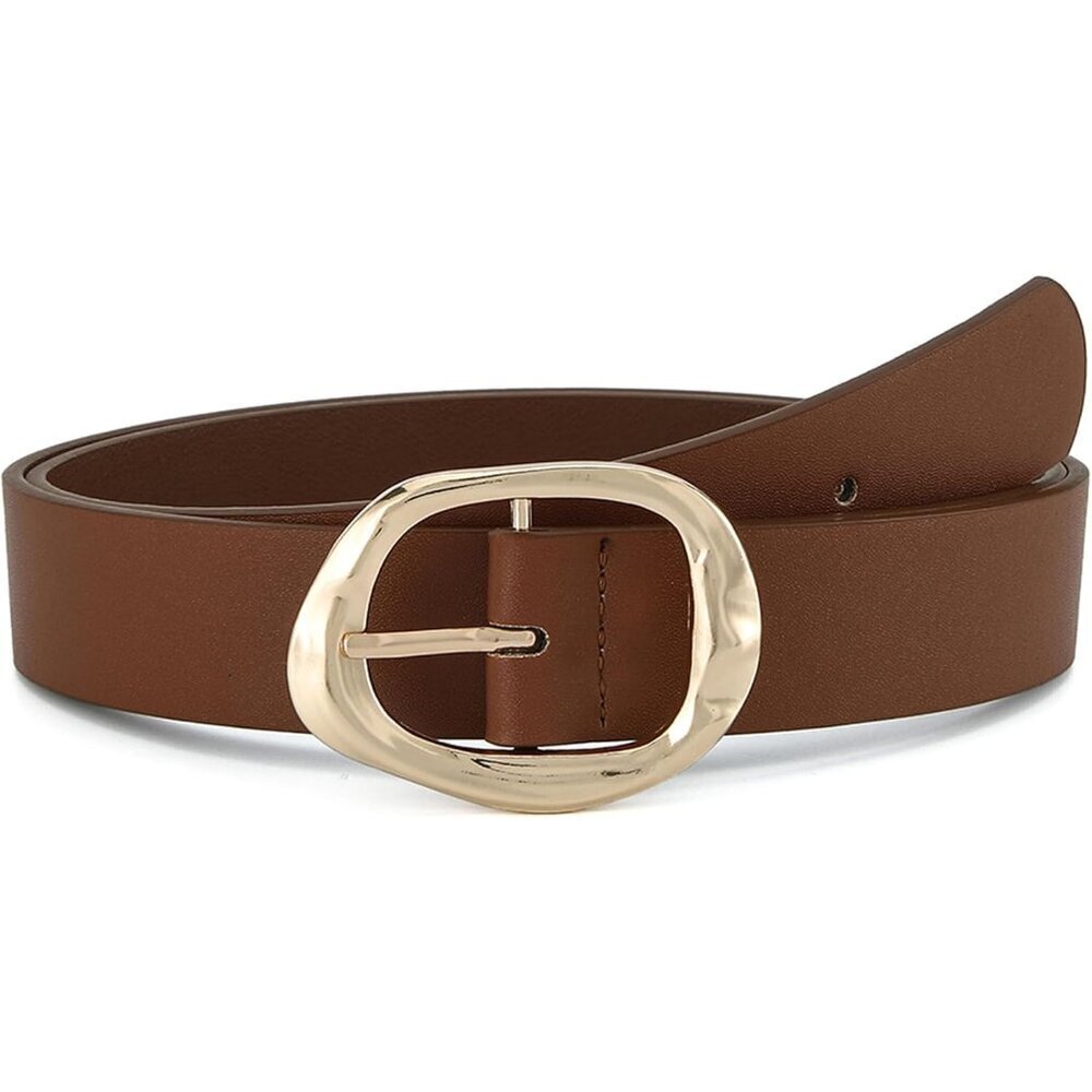 Leather Waist Belt For Women Faux Leather Liquid Shapes Gold Buckle Casual
